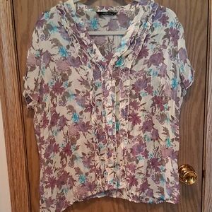 Floral Button-Up Blouse - Purple and Cream